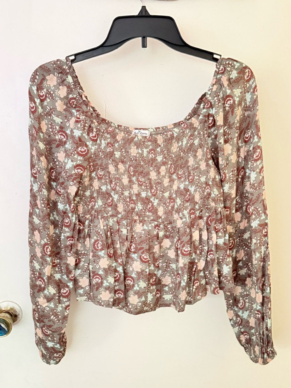 Self Esteem Floral Smocked Peasant Top - Brown Multi